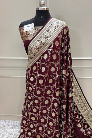Wine Pankhuri Jaal Katan Silk Banarasi Saree