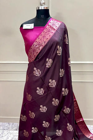 Wine and Pink Golden Zari Banarasi Silk Saree