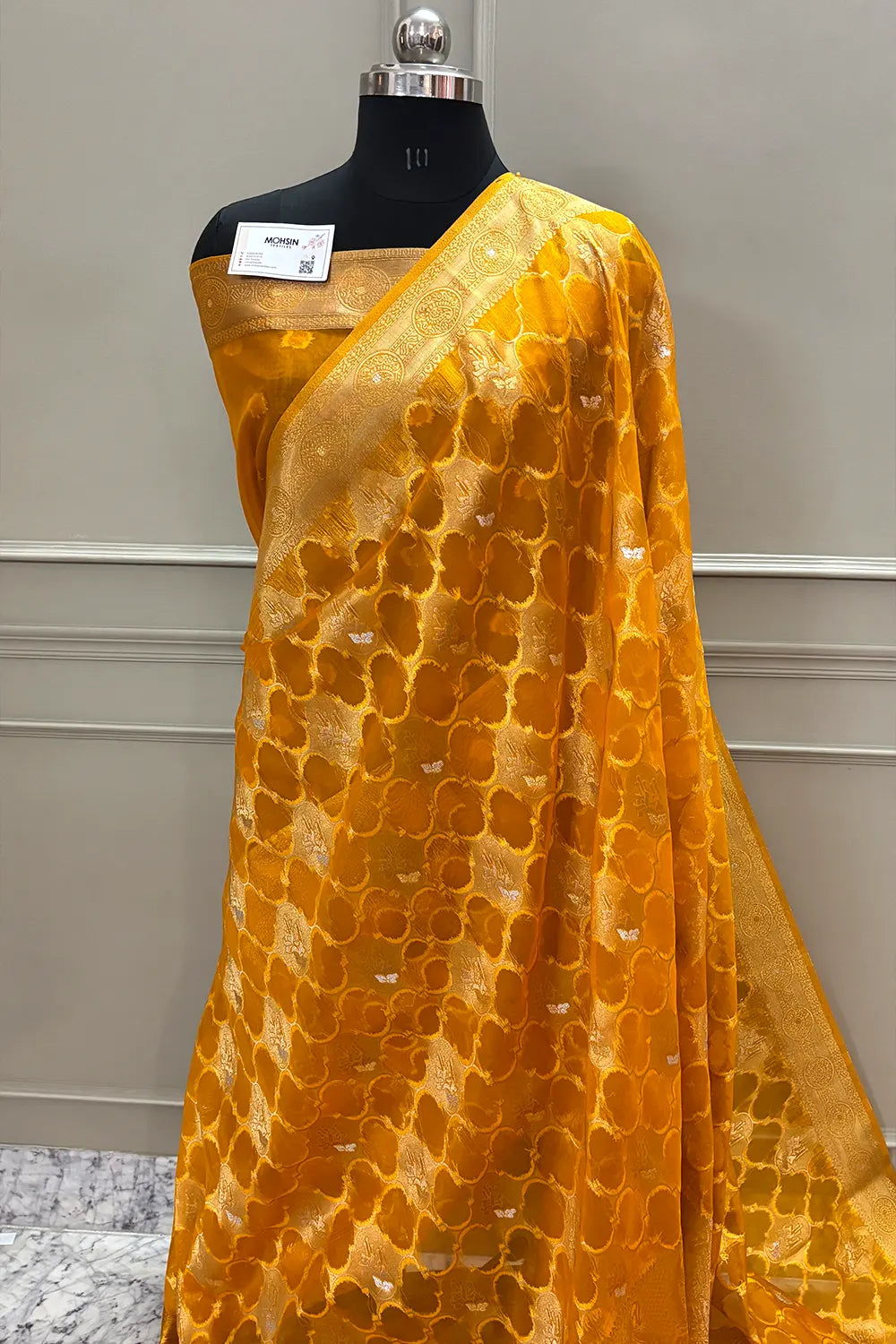 Yellow Golden Zari Organza Silk Banarasi Saree