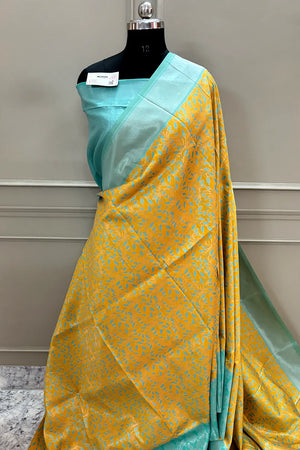 Yellow and Firozi Resham Zari Banarasi Silk Saree