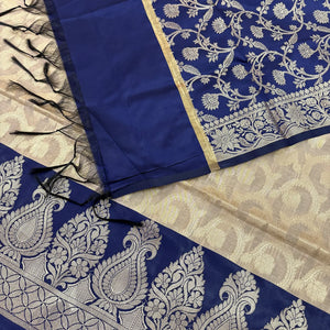 Beige and Navy Blue Kalgha Jaal Banarasi Silk Suit