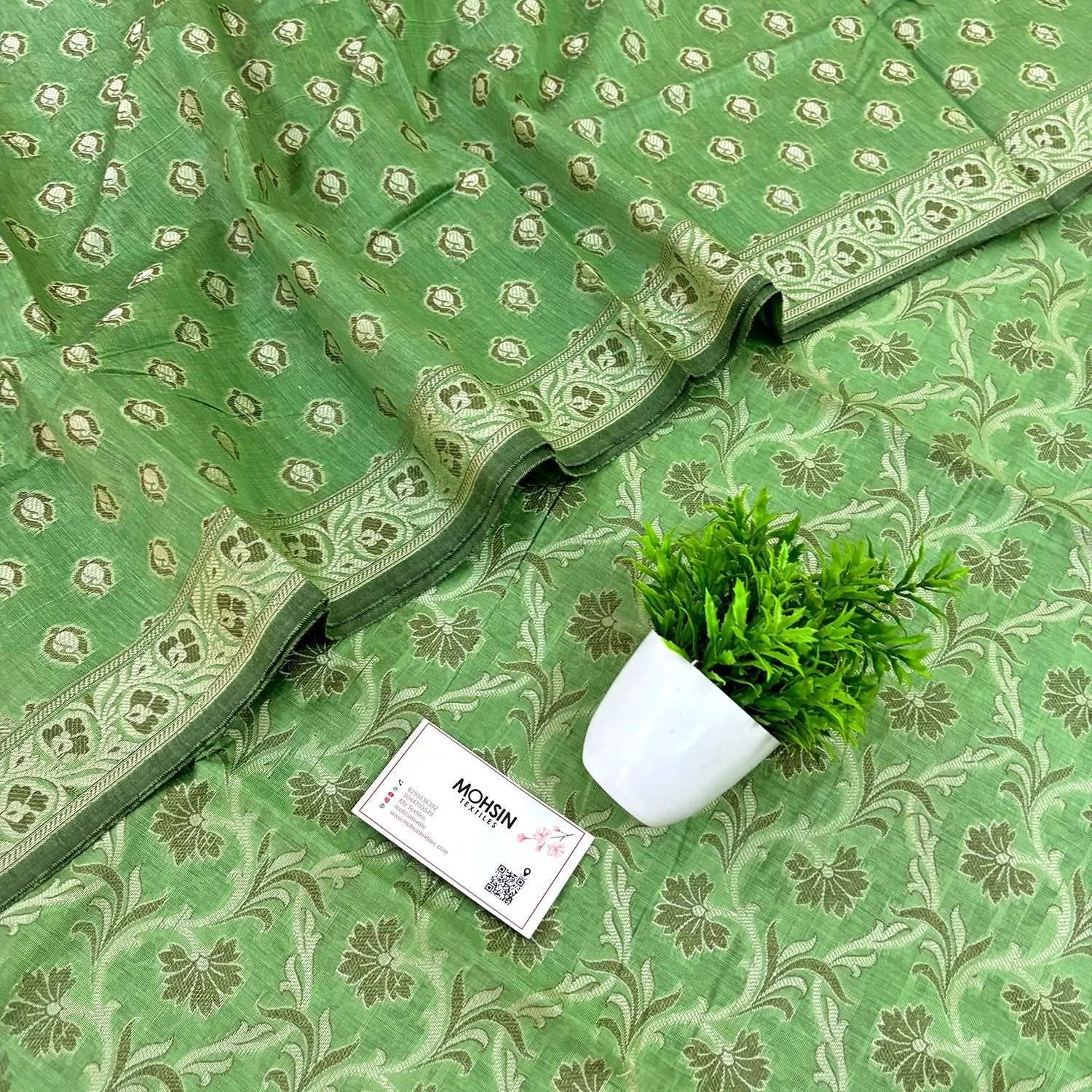 Dark Pista Surahi Jaal Cotton Silk Banarasi Suit