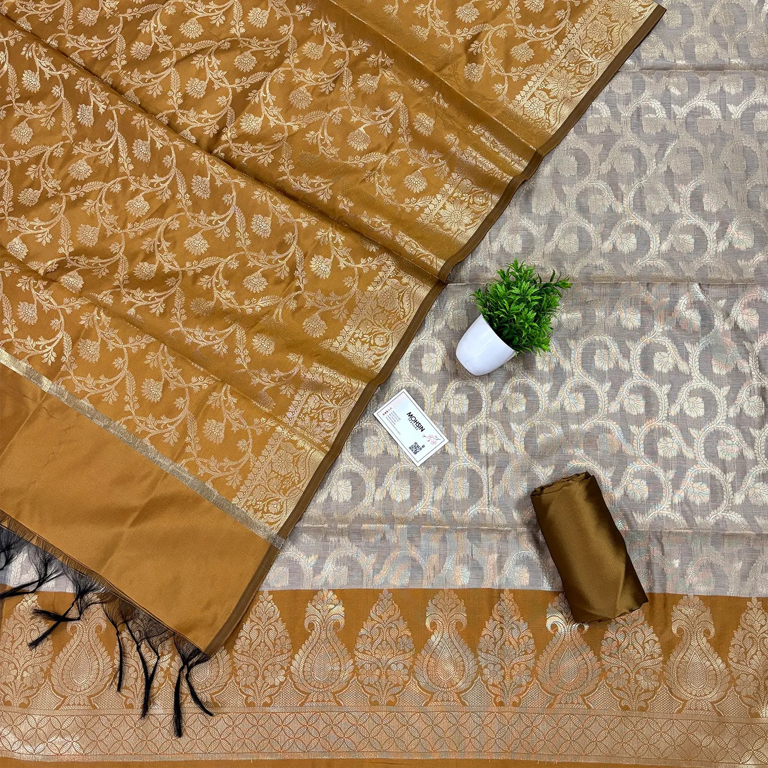 Beige and Mustard Kalgha Jaal Banarasi Silk Suit