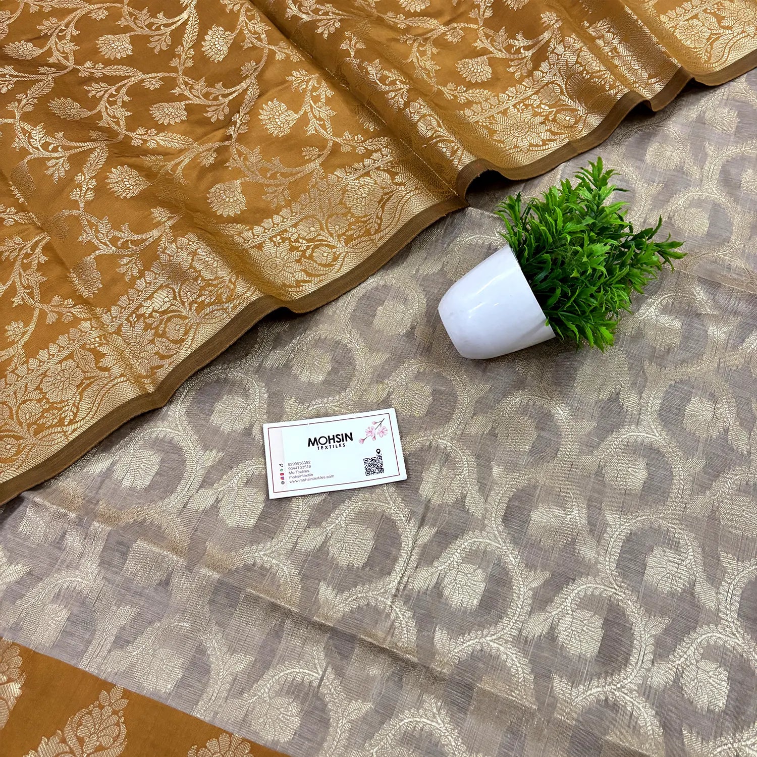 Beige and Mustard Kalgha Jaal Banarasi Silk Suit