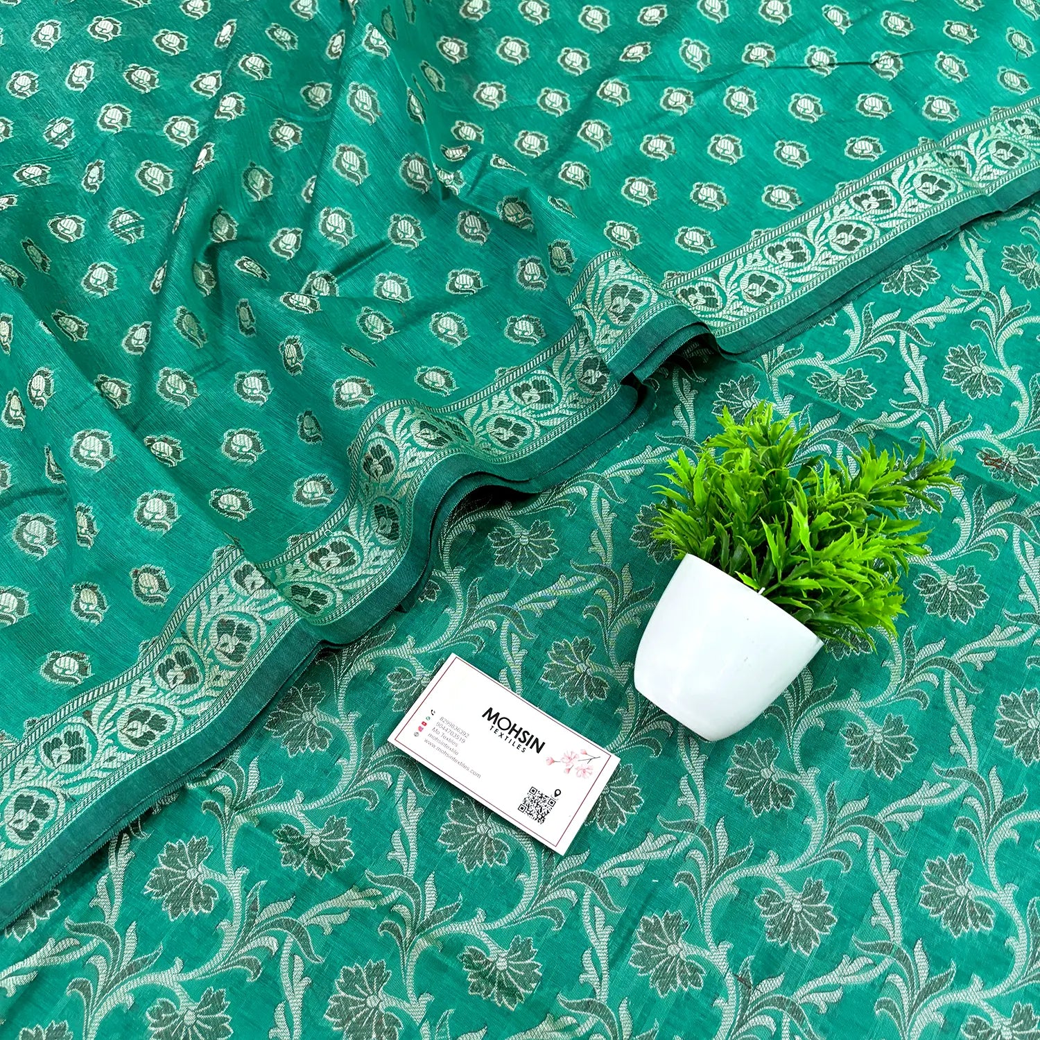 Dark Sea Green Surahi Jaal Cotton Silk Banarasi Suit