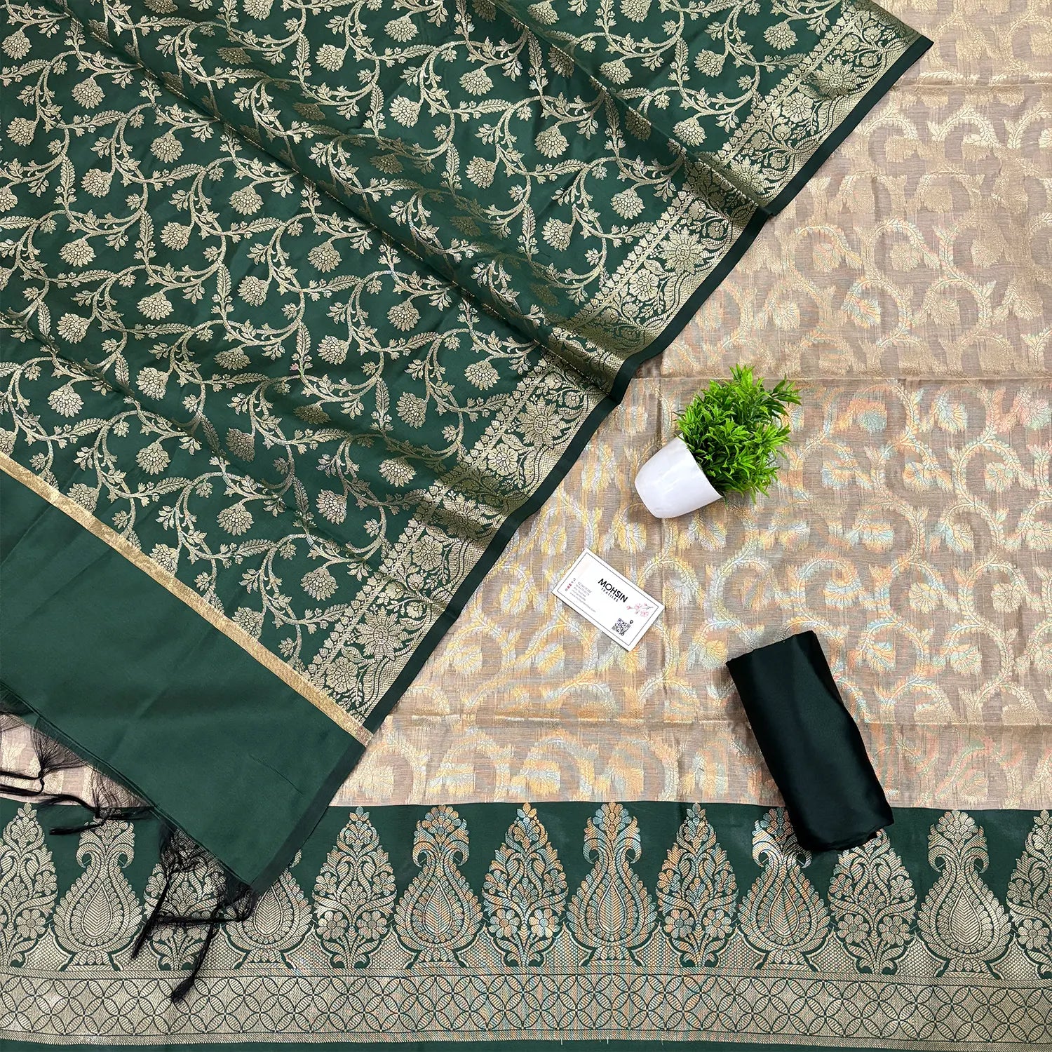 Beige and Bottle Green Kalgha Jaal Banarasi Silk Suit