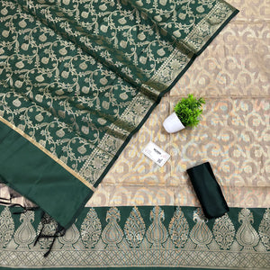Beige and Bottle Green Kalgha Jaal Banarasi Silk Suit