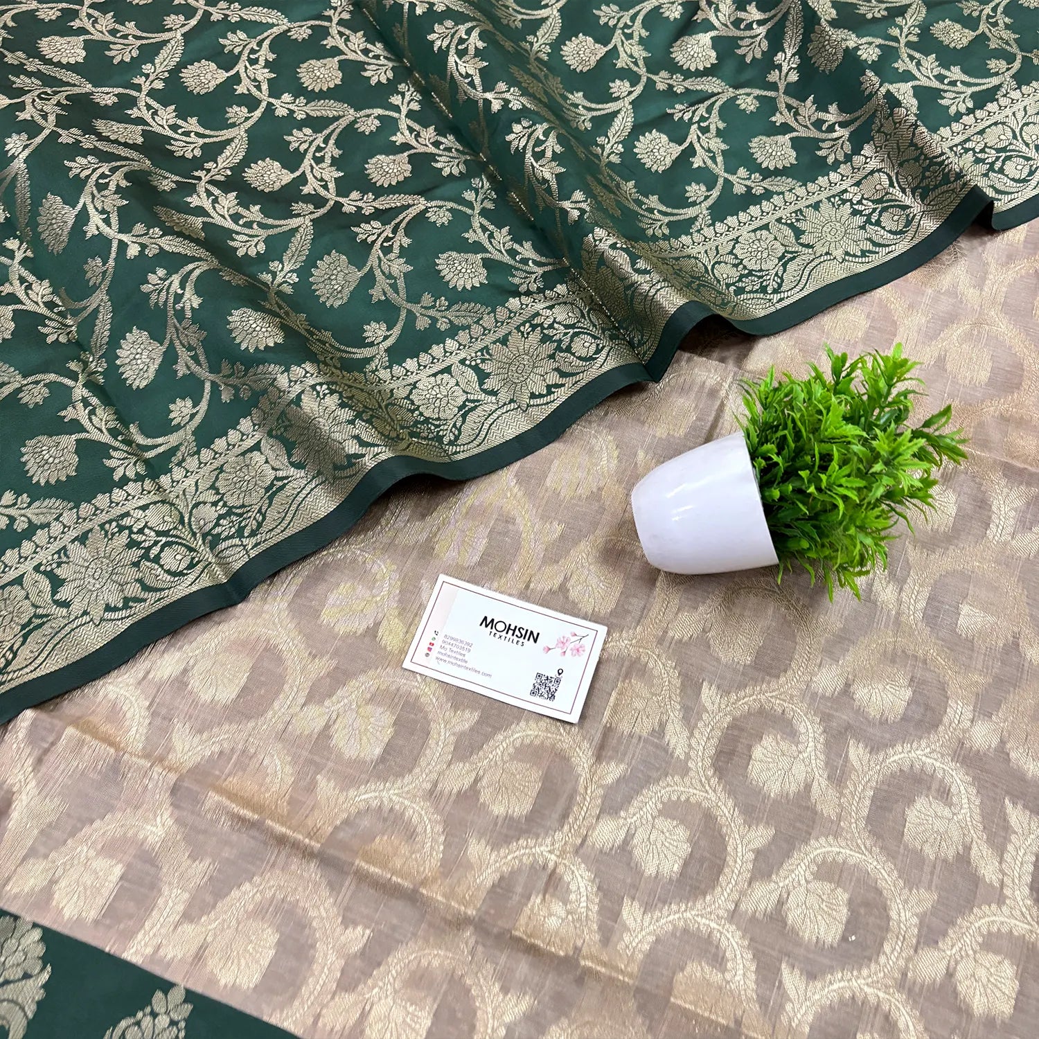 Beige and Bottle Green Kalgha Jaal Banarasi Silk Suit