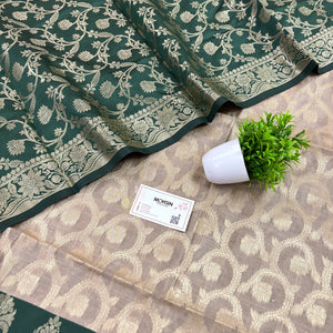 Beige and Bottle Green Kalgha Jaal Banarasi Silk Suit