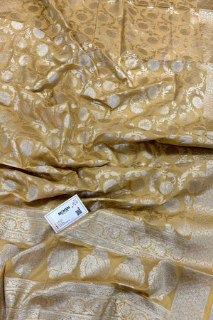 Beige Golden Zari Katan Silk Banarasi Dupatta