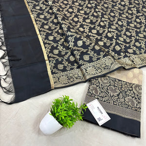 Beige and Black Gulkan Buti Satin Silk Banarasi Suit