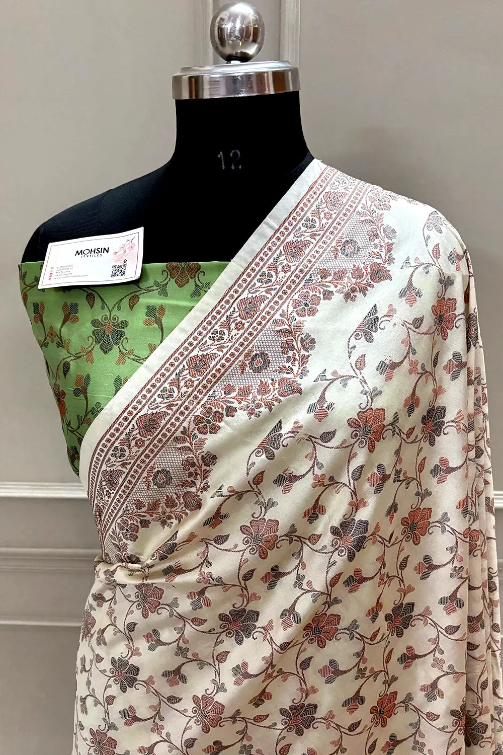 Beige and Pista Resham Silk Banarasi Saree