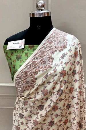 Beige and Pista Resham Silk Banarasi Saree