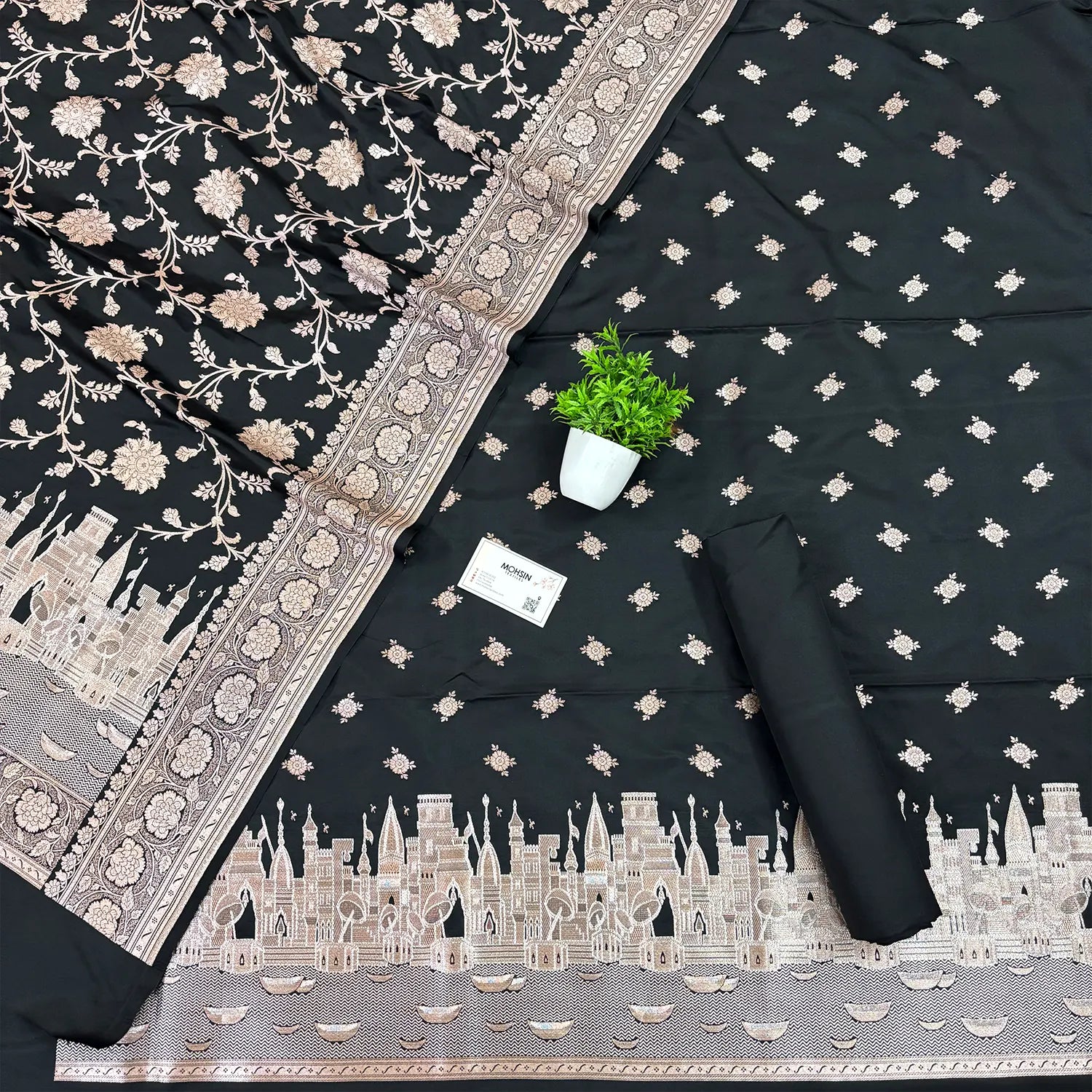 Black Ganga Ghat Katan Silk Banarasi Suit