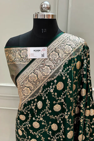 Bottle Green Churmuri Jaal Katan Silk Banarasi Saree