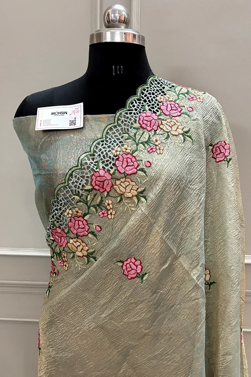 Bottle Green Crush Embroidery Tissue Silk Banarasi Saree