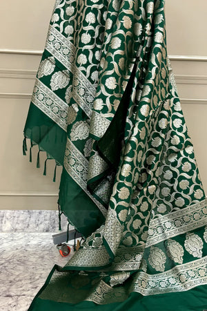 Bottle Green Patti Jaal Katan Silk Banarasi Dupatta