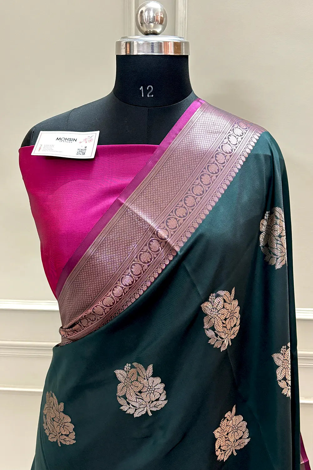 Bottle Green and Pink Golden Zari Banarasi Silk Saree