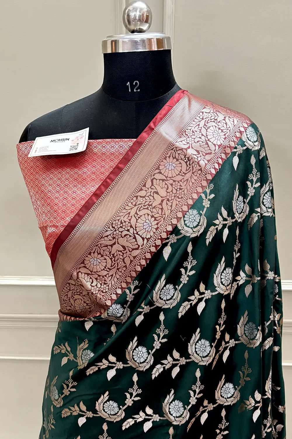 Bottle Green and Red Golden Zari Banarasi Silk Saree