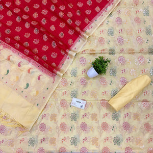Cream and Red Golden Zari Katan Silk Banarasi Saree