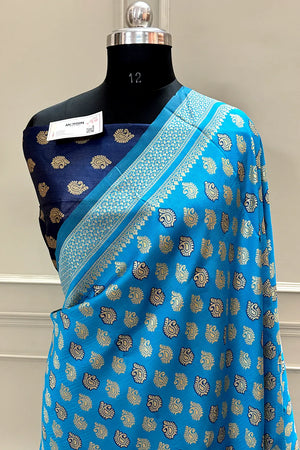 Firozi and Navy Blue Resham Zari Silky Banarasi Saree