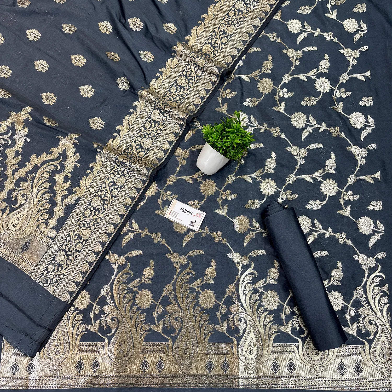 Grey Golden Zari Katan Silk Banarasi Suit