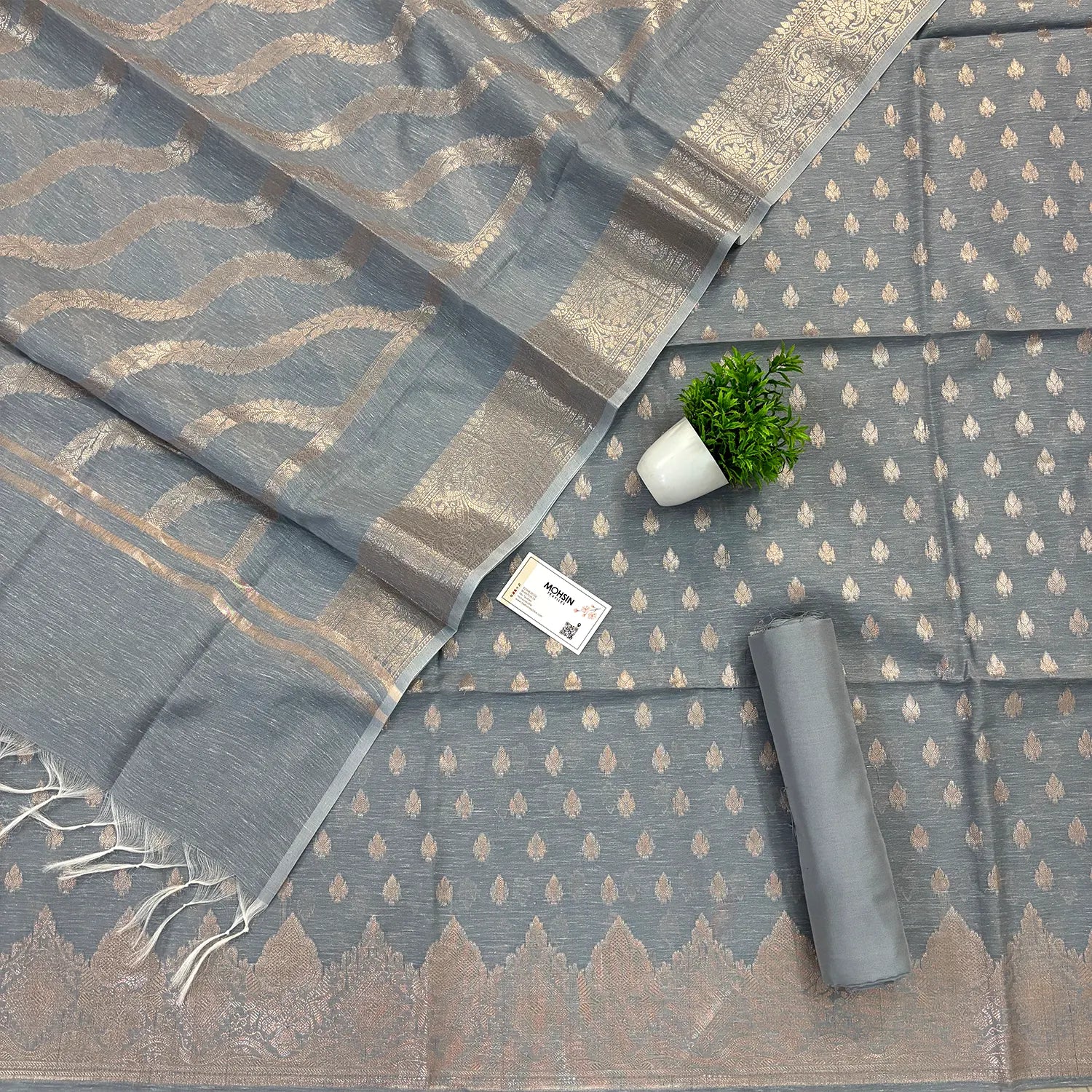 Grey Golden Zari Linen Silk Banarasi Suit