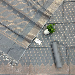 Grey Golden Zari Linen Silk Banarasi Suit