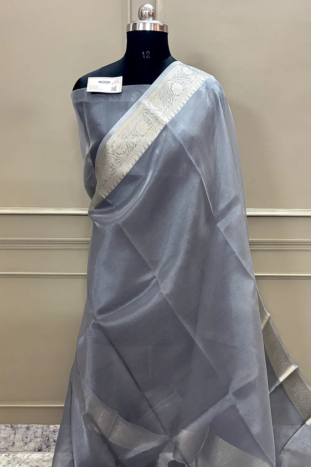Grey Tarbana Plain Tissue Silk Banarasi Saree