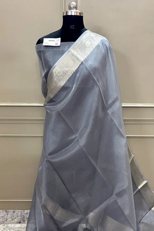 Grey Tarbana Plain Tissue Silk Banarasi Saree