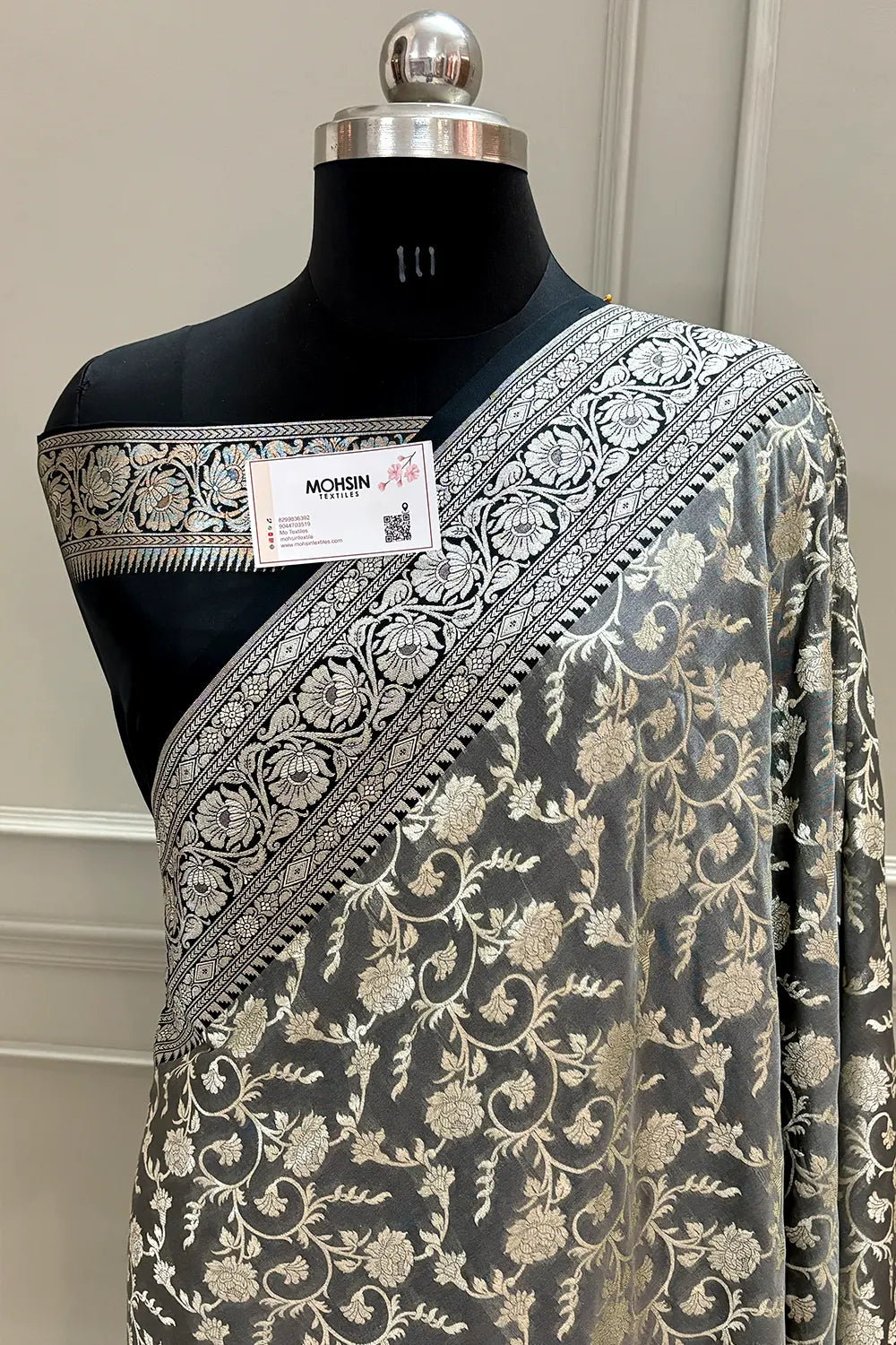 Grey and Black Gulabi Jaal Katan Silk Banarasi Saree