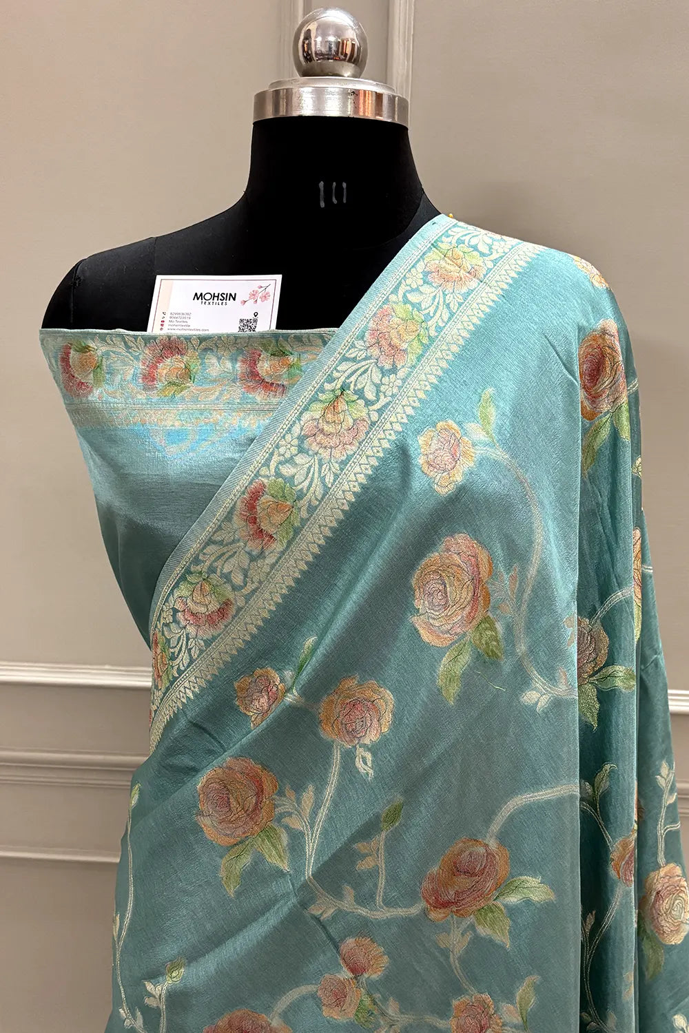 Mint Green Rosy Jaal Georgette Silk Banarasi Saree