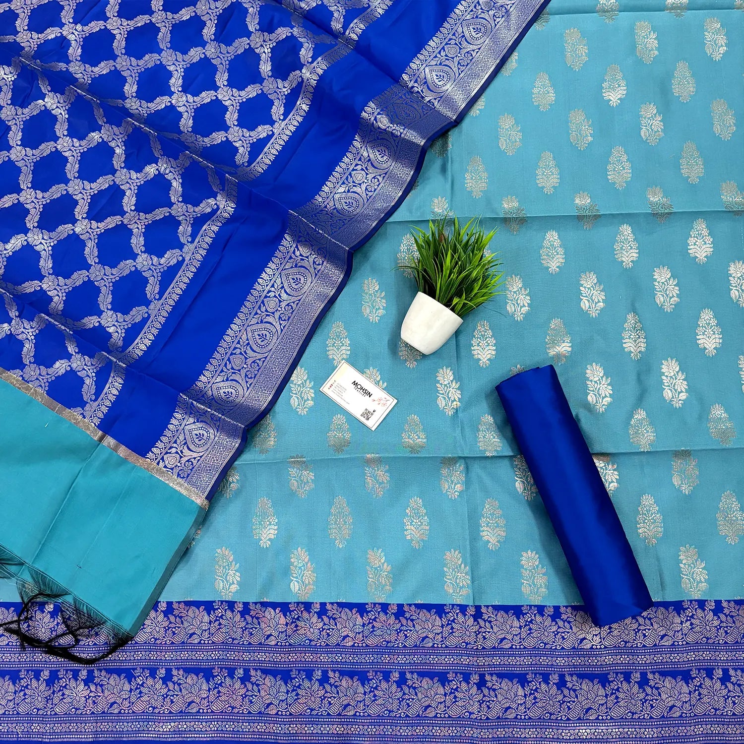 Mint and Royal Blue Phooldaan Buti Satin Silk Banarasi Suit