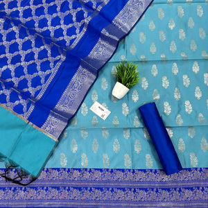 Mint and Royal Blue Phooldaan Buti Satin Silk Banarasi Suit