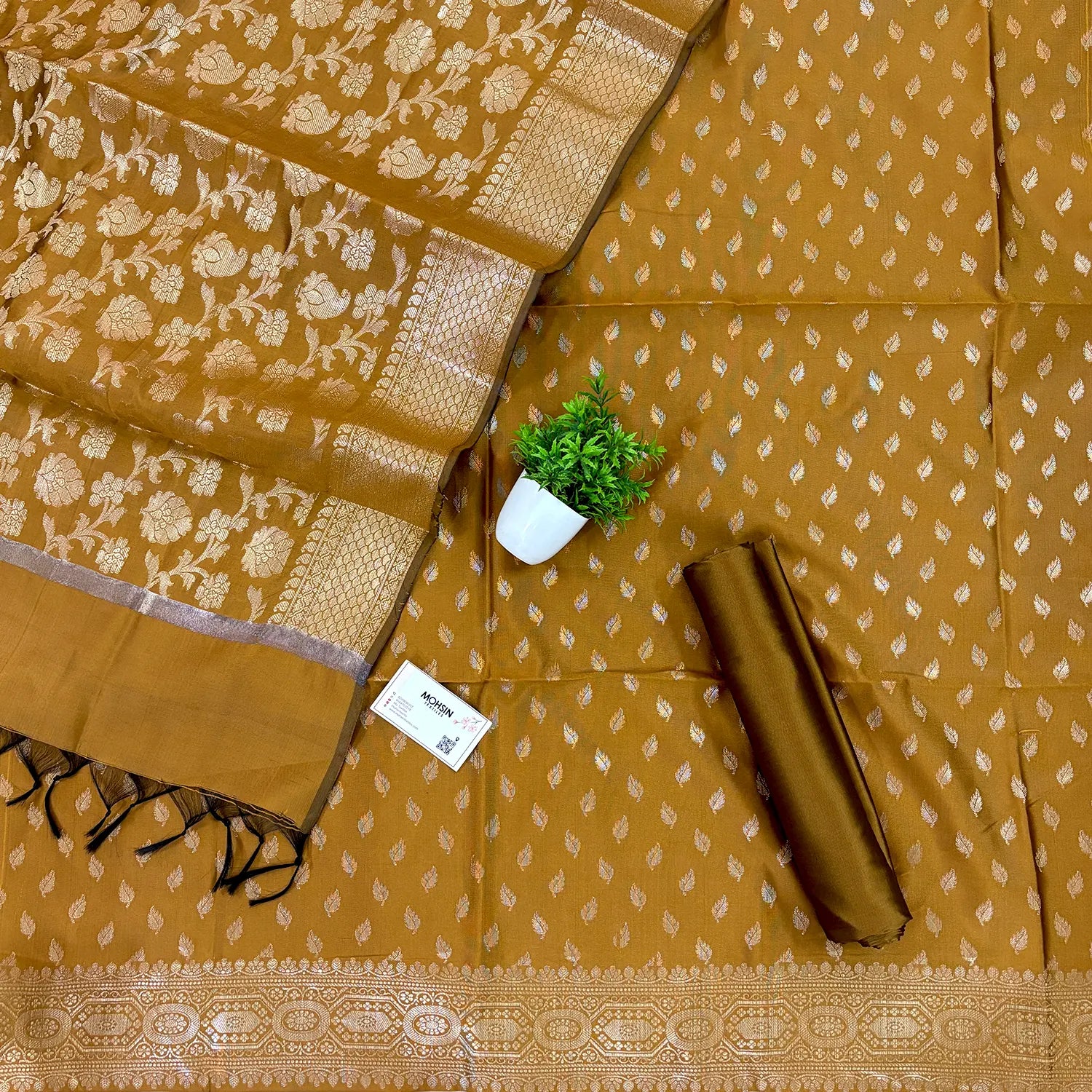 Mustard Sunehri Pankh Satin Silk Banarasi Suit