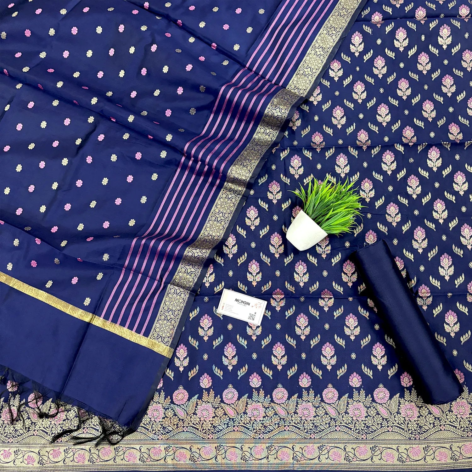 Navy Blue Golden Zari Satin Silk Banarasi Suit