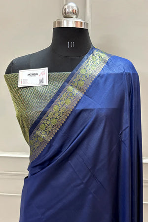Navy Blue Plain Golden Zari Silky Banarasi Saree