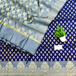 Navy and Grey Podha Satin Silk Banarasi Suit