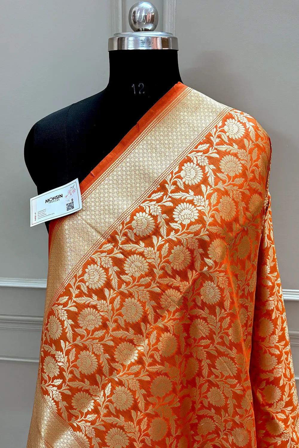 Orange Golden Zari Katan Silk Banarasi Dupatta
