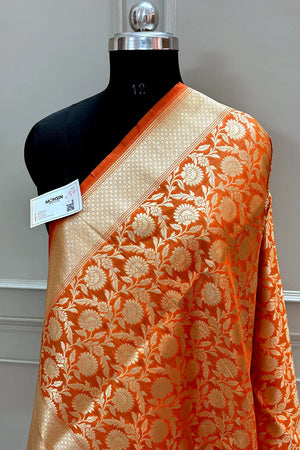 Orange Golden Zari Katan Silk Banarasi Dupatta