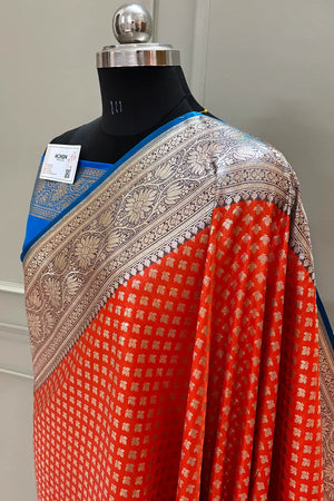 Orange and Blue Chidi Buti Katan Silk Banarasi Saree