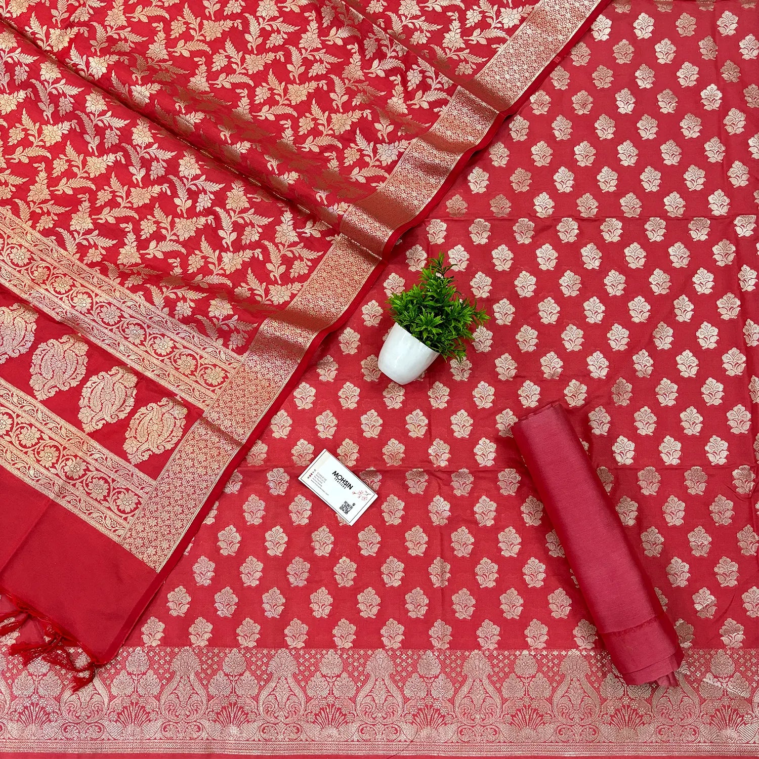 Peach Golden Zari Katan Silk Banarasi Suit