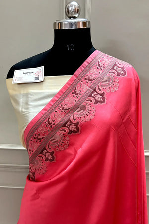 Peach and Beige Plain Resham Silk Banarasi Saree