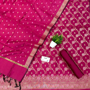 Pink Golden Zari Satin Silk Banarasi Suit