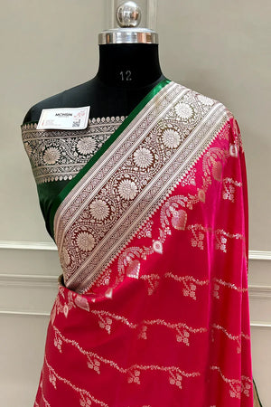 Pink and Bottle Green Golden Zari Katan Silk Banarasi Saree
