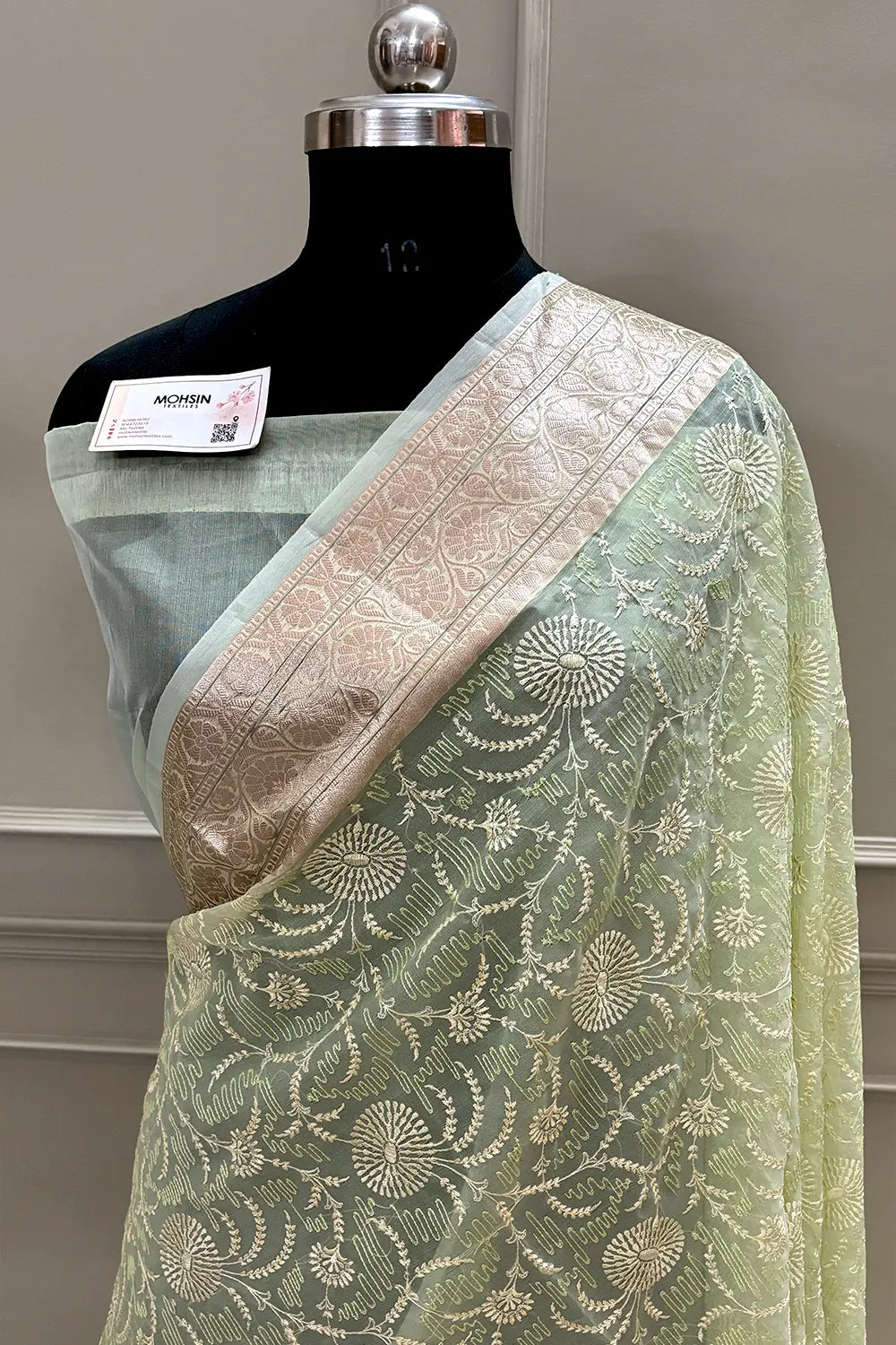 Pista Embroidery Organza Silk Banarasi Saree