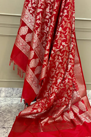 Red Golden Zari Katan Silk Banarasi Dupatta