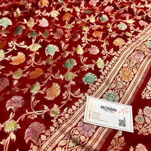 Red Hand Brush Handloom Georgette Silk Banarasi Suit