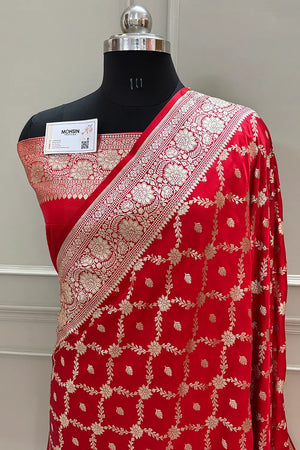 Red Qaidi Buti Katan Silk Banarasi Saree