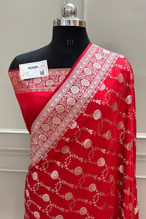 Red Ropeway Jaal Katan Silk Banarasi Saree